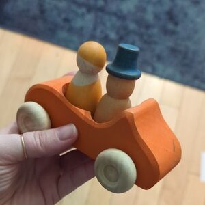 Grimms Wooden Orange Toy Car with Two Peg Figures - Classic Kids Building Set